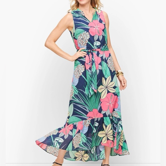 Talbots Voile Hibiscus Sleeveless Belted Maxi Dress Womens Size 2 Petite - Picture 1 of 8